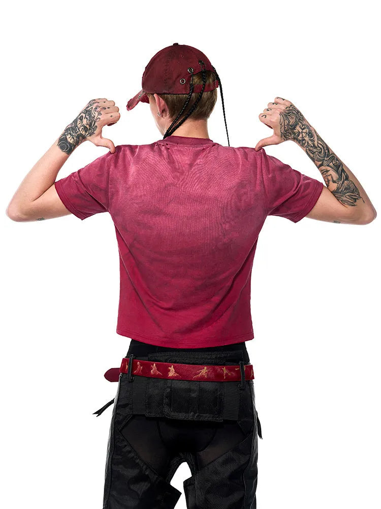 Men's red slim-fit t-shirt with distressed spray-washed fabric texture