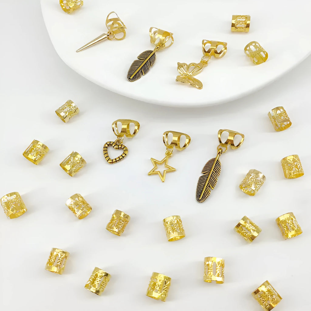Gold and silver antique style leaves design hair rings for braids, pack of 26 pieces