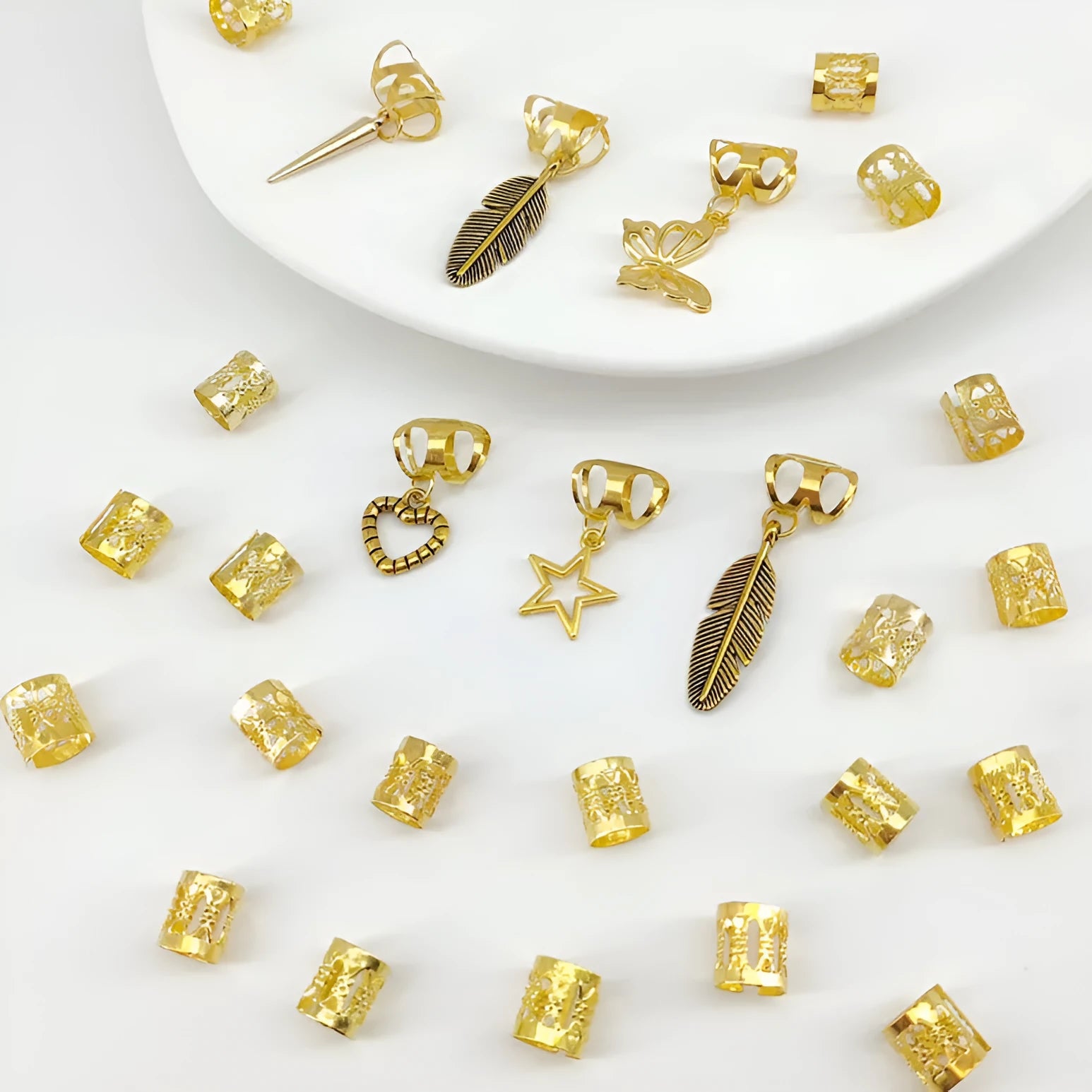 Gold and silver antique style leaves design hair rings for braids, pack of 26 pieces