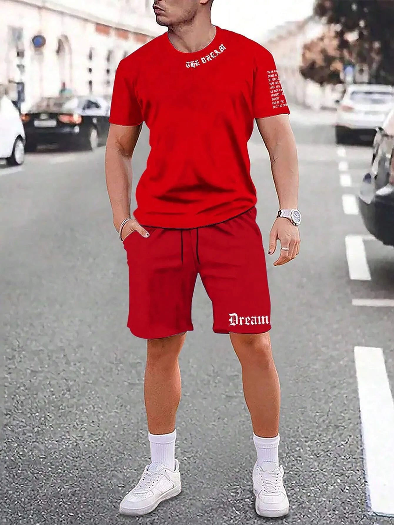 Men's sports shorts and t-shirt set in cotton blend fabric with printed pattern