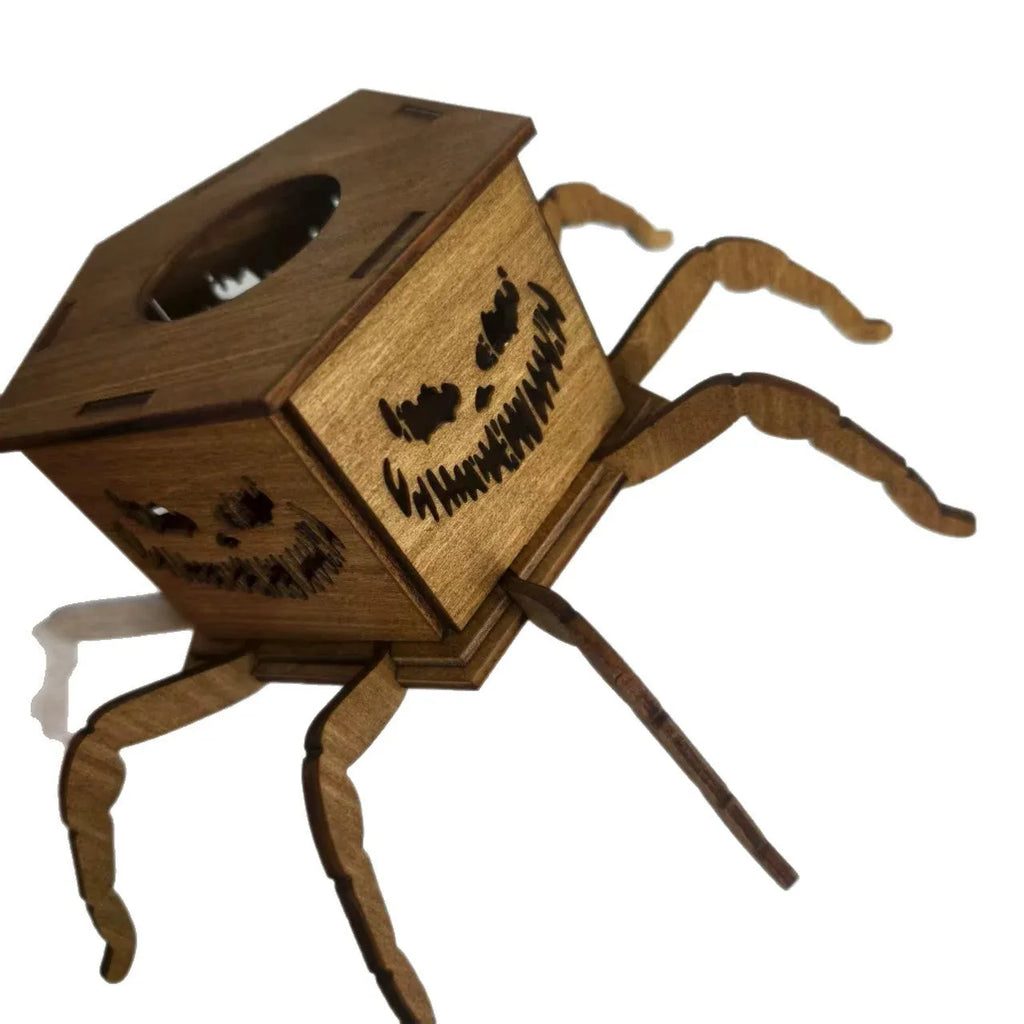 Wooden spider Halloween lantern candlestick decoration measuring 21cm by 8.5cm
