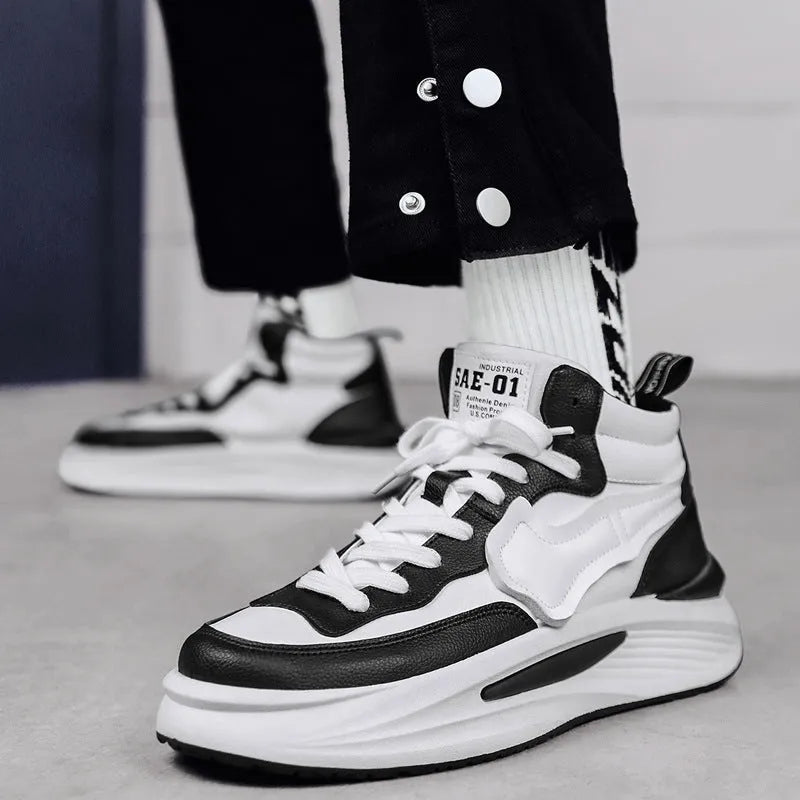 Men's black and white high-top platform board shoes with round toe on a white background