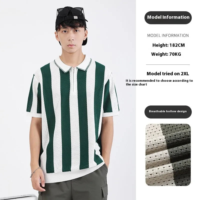 Men's short sleeve ice silk sweater with stripe pattern and zip decoration in viscose fabric