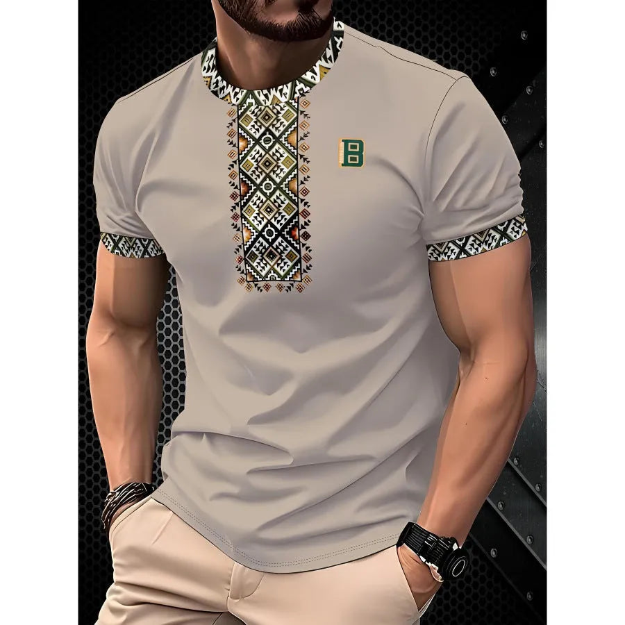 Men's short-sleeved striped t-shirt with digital 3D printing in loose business casual fit