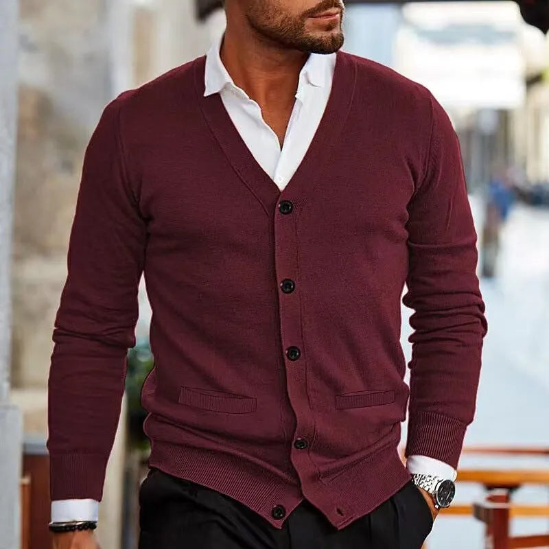 Men's slim-fit acrylic cardigan sweater in a choice of colours including light grey, black, and wine red.