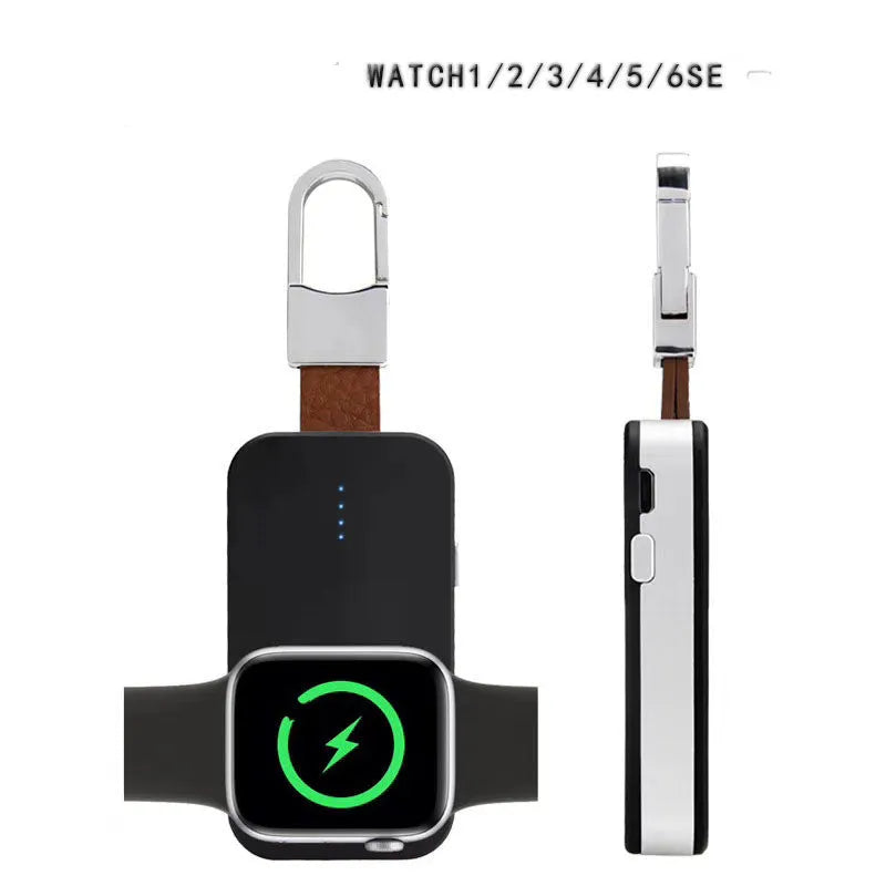 Black portable Apple Watch wireless charger power bank with keychain attachment