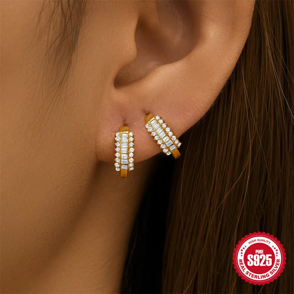 Sterling silver geometric stud earrings with small round diamond accent in gold or silver finish