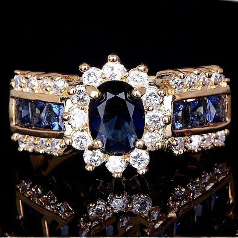 Personalised unisex ring with sunflower blue diamond or square-cut blue and purple zircon designs.