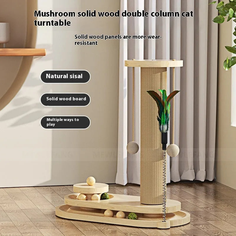 Solid wood cat scratching post with turntable climbing frame in multiple design variations