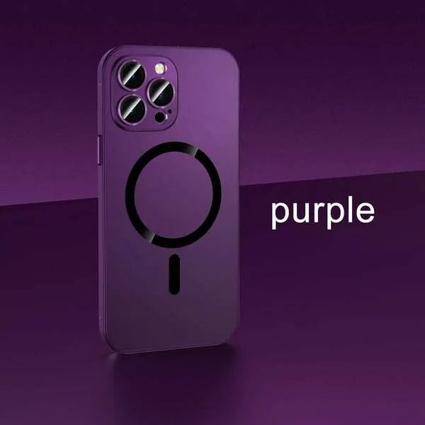 iPhone case with dark purple aluminium alloy frame and black PC back, showing glass camera lens cover.