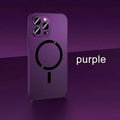 iPhone case with dark purple aluminium alloy frame and black PC back, showing glass camera lens cover.