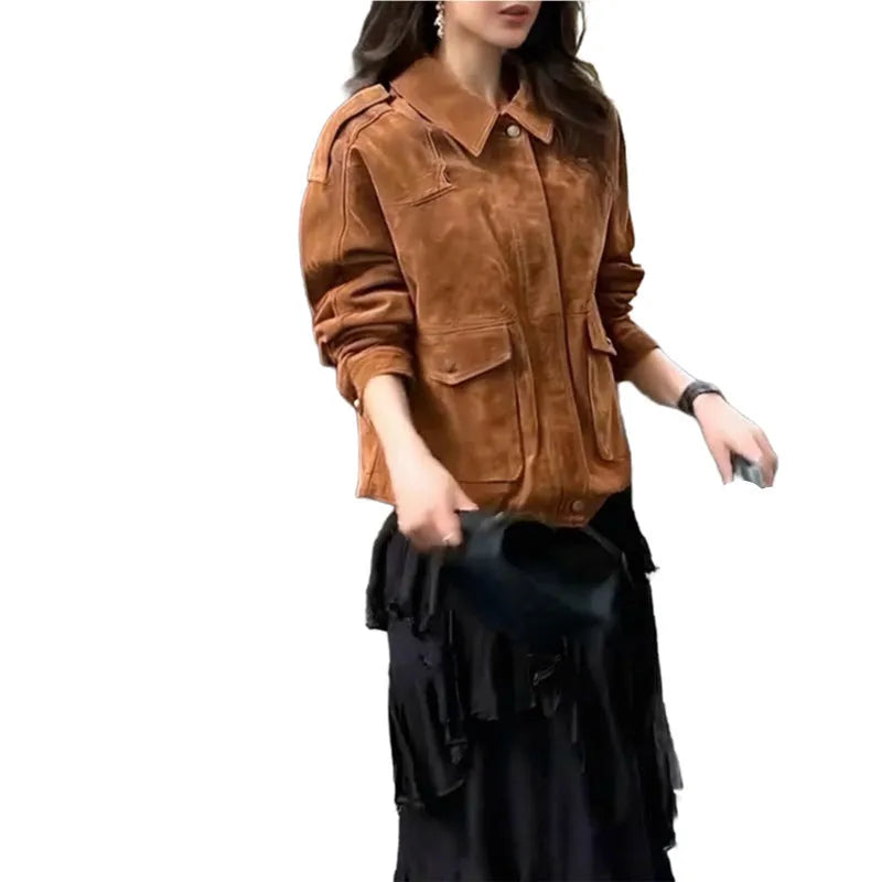 Women's bright brown polyester suede coat with regular sleeves, street chic design