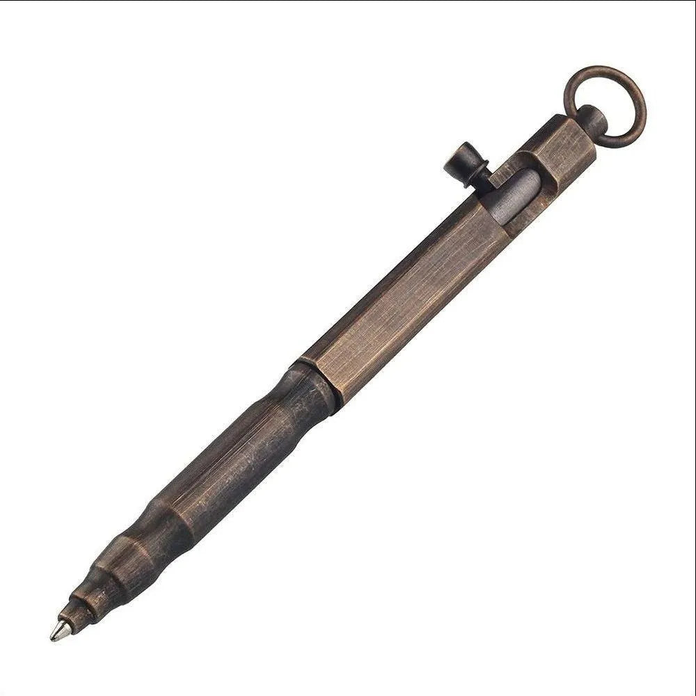 Brass tactical pen with hexagonal bolt machine gun design in brass or black finish