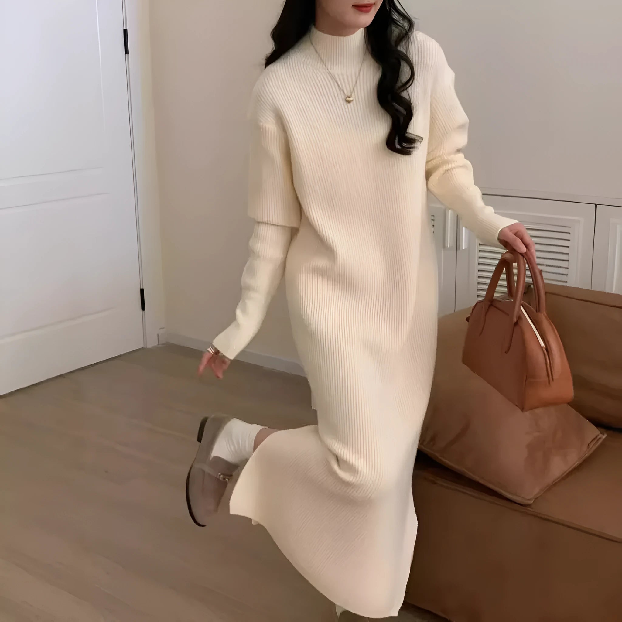 Half turtleneck knitted dress in solid colour with high waist and knee-length design
