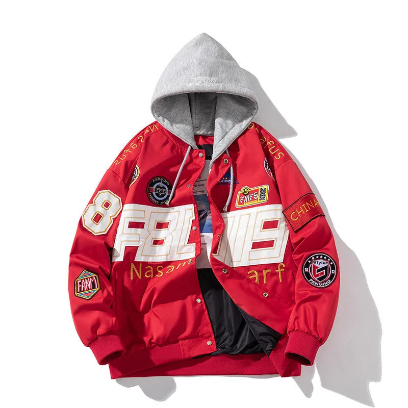 Black American motorcycle baseball jacket with side pockets, shown with detachable hood, for couple riding.