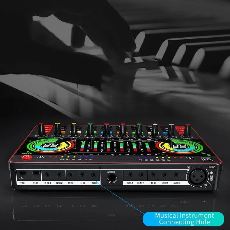 G4 professional sound card mixer with Q8 capacitor microphone, LCD screen, and tuning knobs for live streaming setup