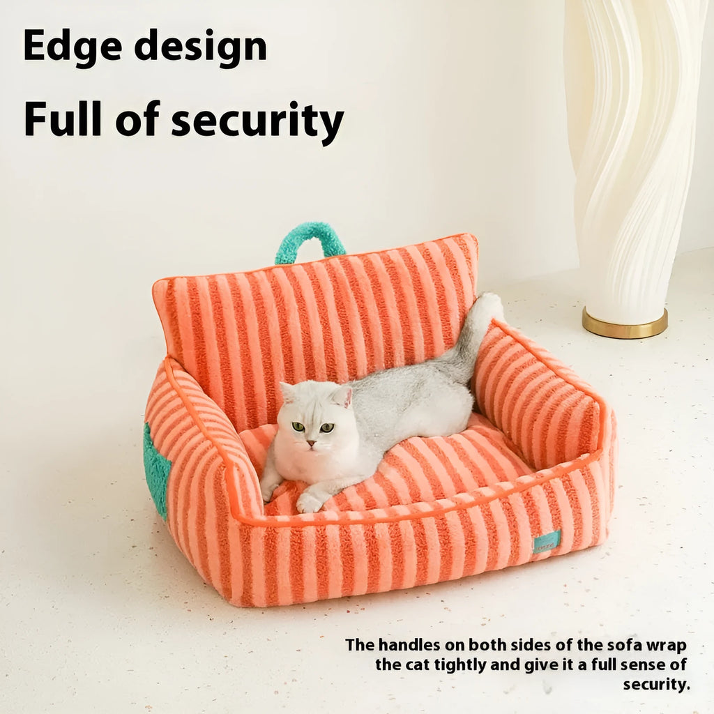 Striped soft velvet pet bed with removable cover in orange, purple, or yellow colour options.