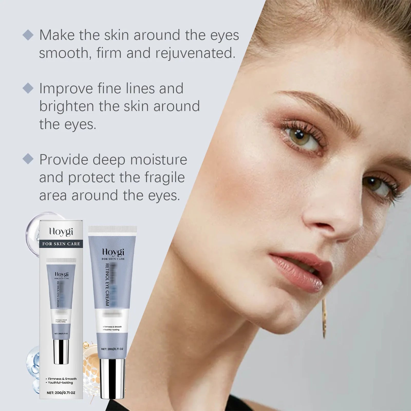 Retinol eye cream tube with moisturising formula, 20g net content, 12.1cm length
