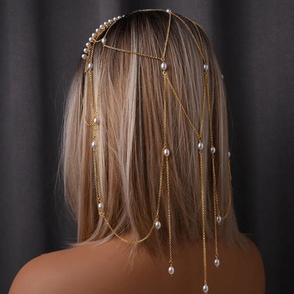 Mesh tassel hair chain accessory in gold or silver with pearl elements for women
