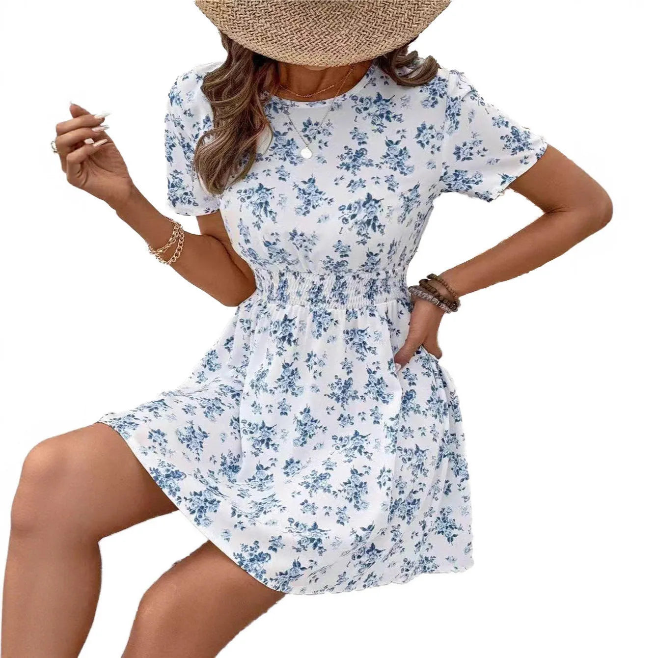 Light blue casual women's midi dress with high waist and A-line skirt.