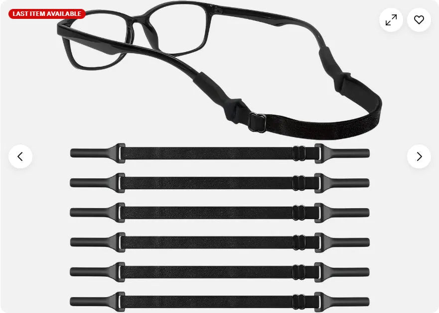 Black adjustable glasses cord with silicone earpiece tips shown on spectacles