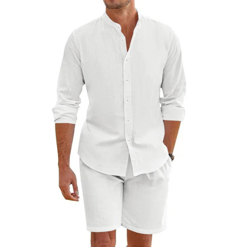 Men's light blue linen blend short sleeve shirt and drawstring shorts summer suit set.