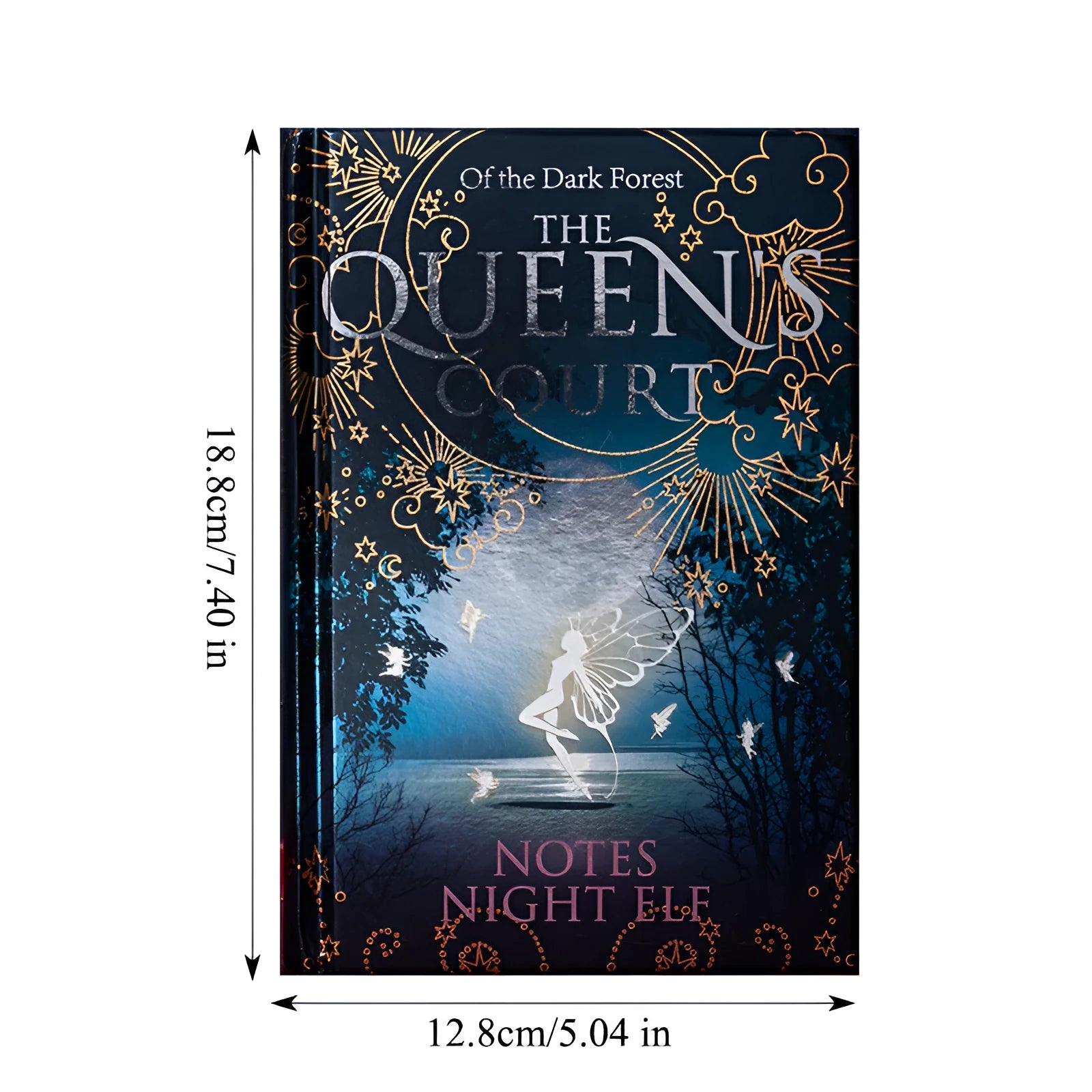 Blue A5 hardcover notebook with glowing night elves illustration, open to show colourful internal pages.