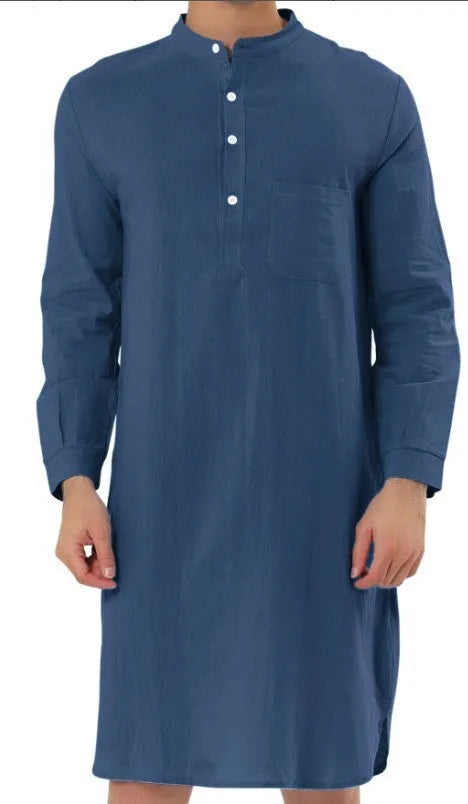 Men's cotton shirt robe in a shirt style with two front pockets, shown in one of nine available colours.