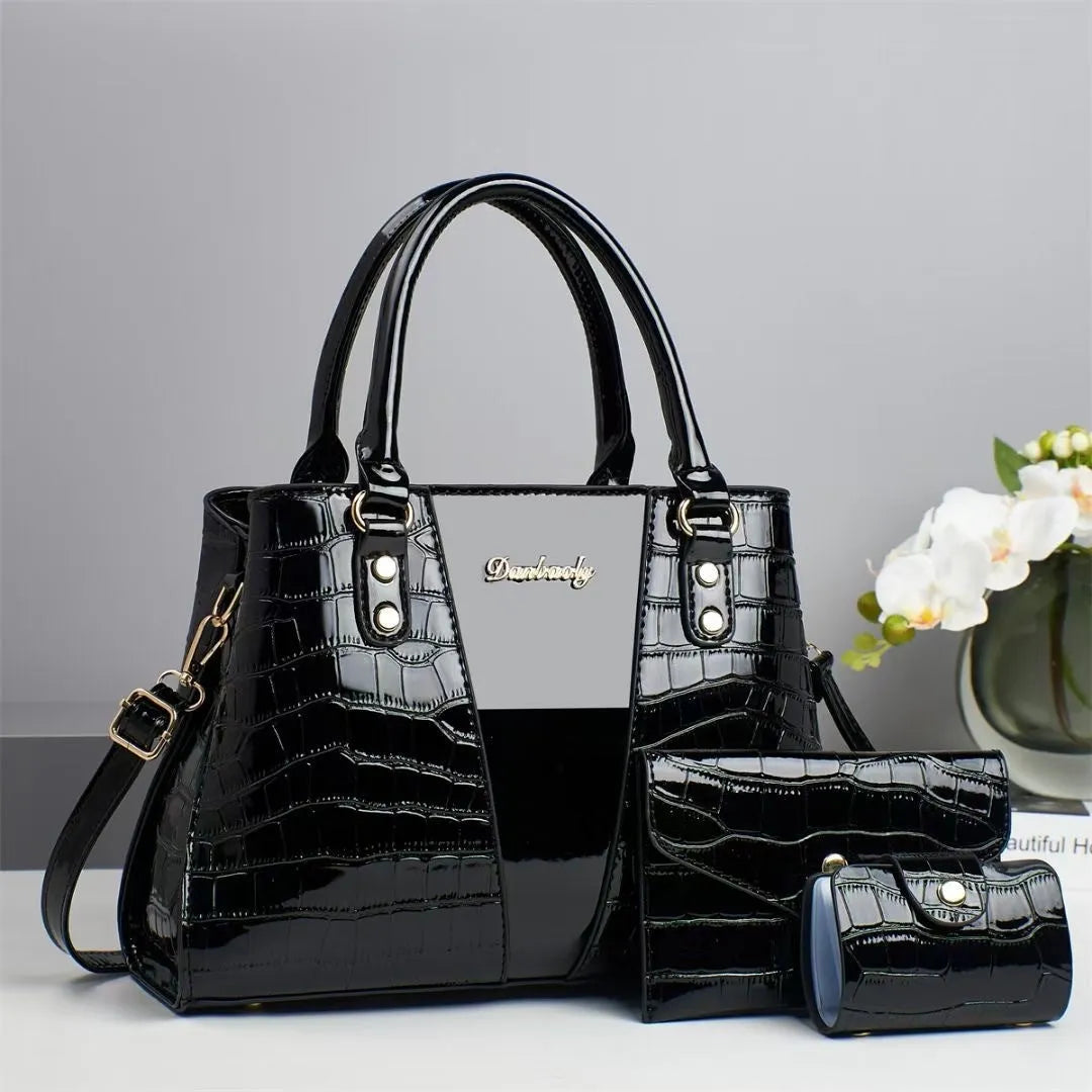 Women's crocodile stitching three-piece shoulder bag set in PU, showing main bag, smaller bag, and card bag.