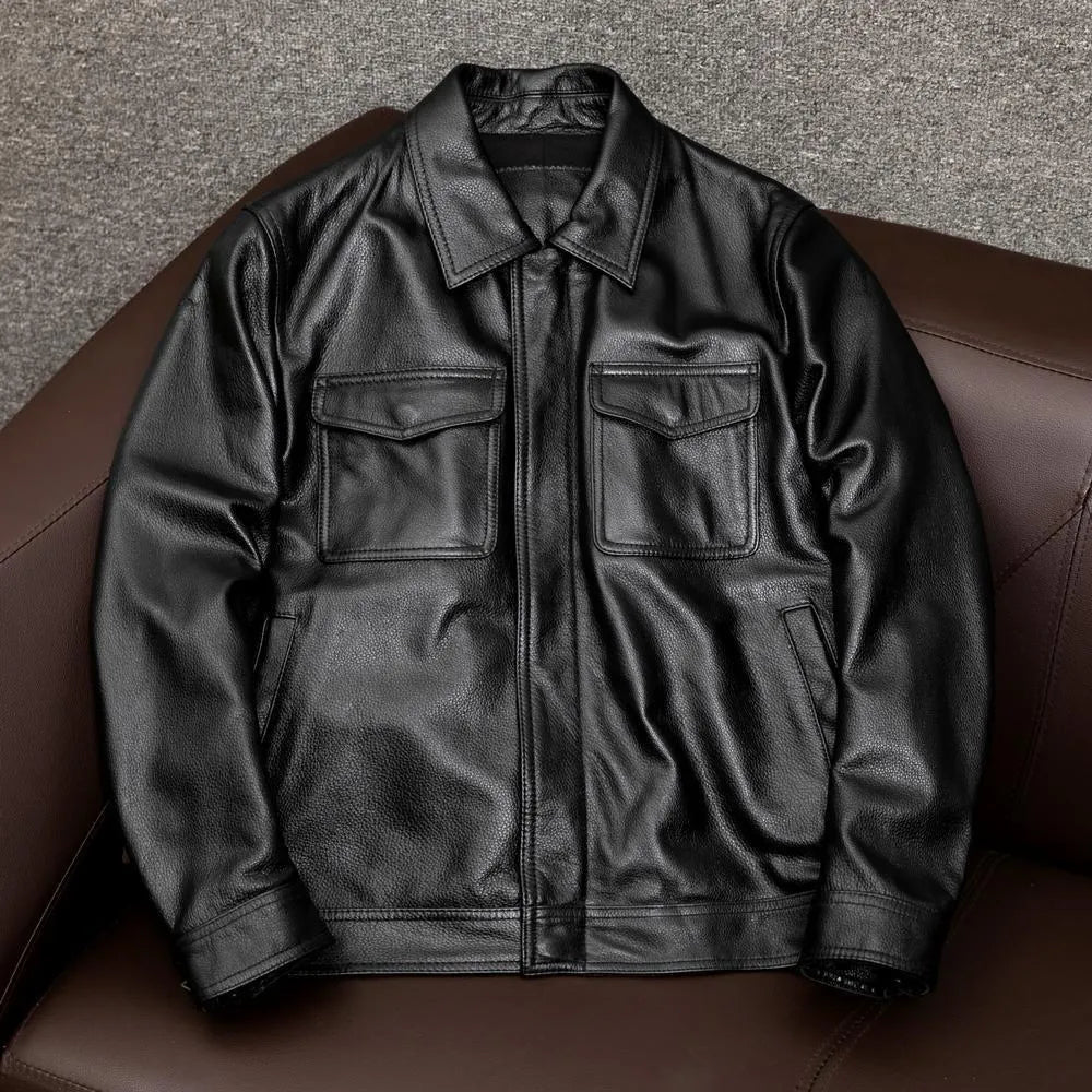 Men's black lapel short leather jacket with side pockets in loose fit design