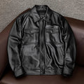 Men's black lapel short leather jacket with side pockets in loose fit design