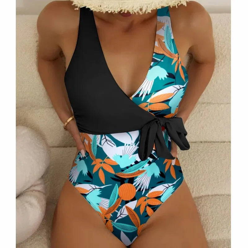 Women's high-waist one-piece swimsuit with printed pattern in polyester fabric