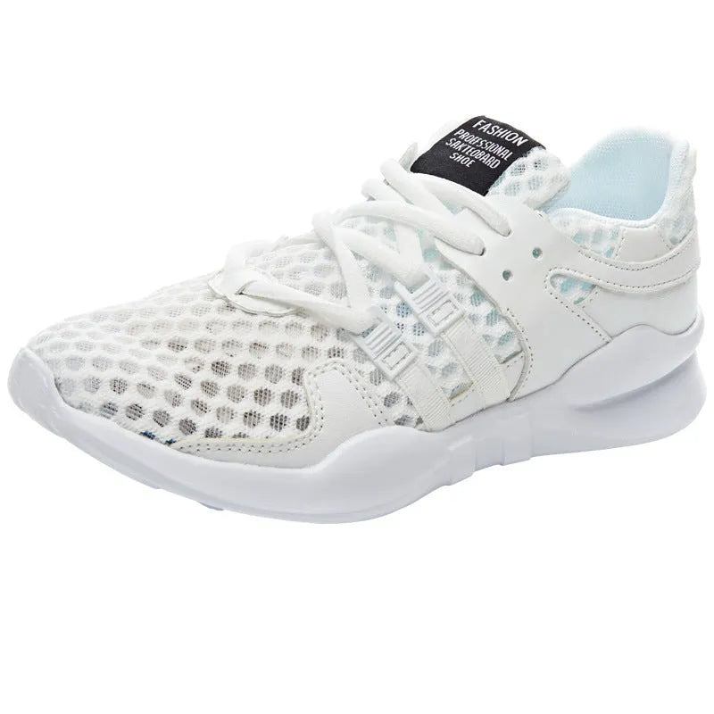 Low-top casual sneaker with mesh hollow-out upper and flat EVA sole in white.