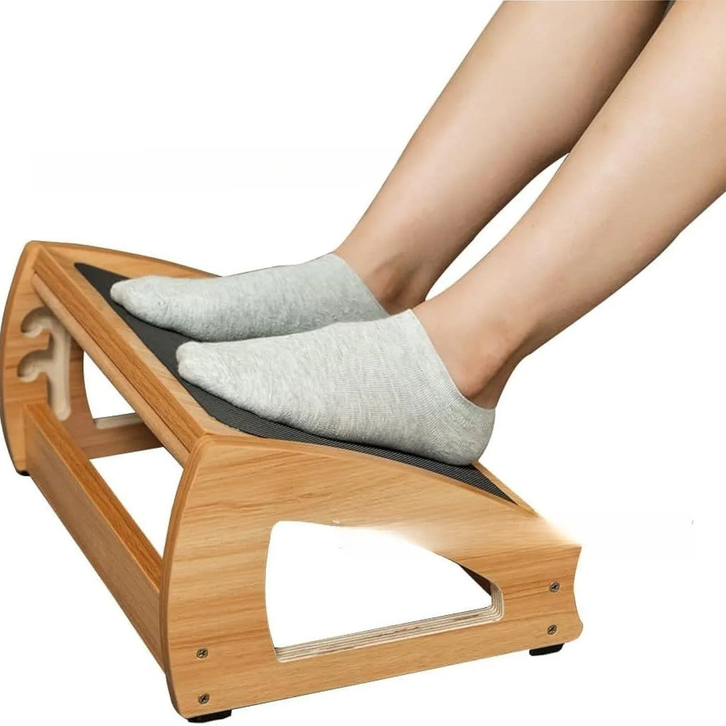 Adjustable bamboo wooden footstool in natural wood colour for office desk use