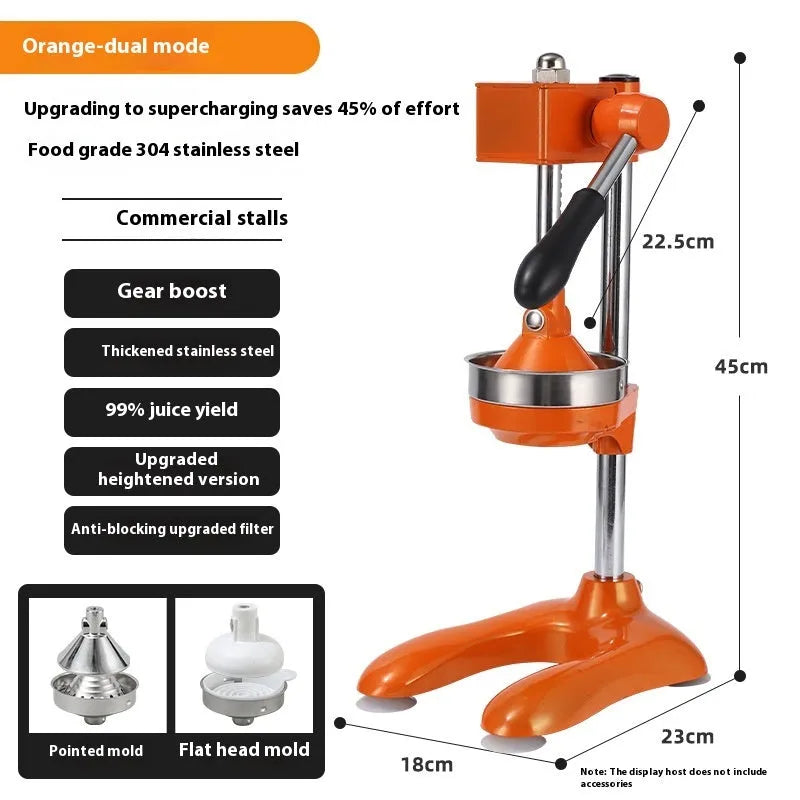 Stainless steel manual vertical juicer on a countertop, showing options for black, silver, orange, white, and electroplated finishes with pointed, flat, and double head tips.