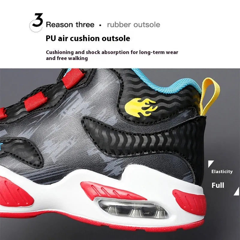Kids rotating button basketball shoes in black, available in sizes 28 to 40.