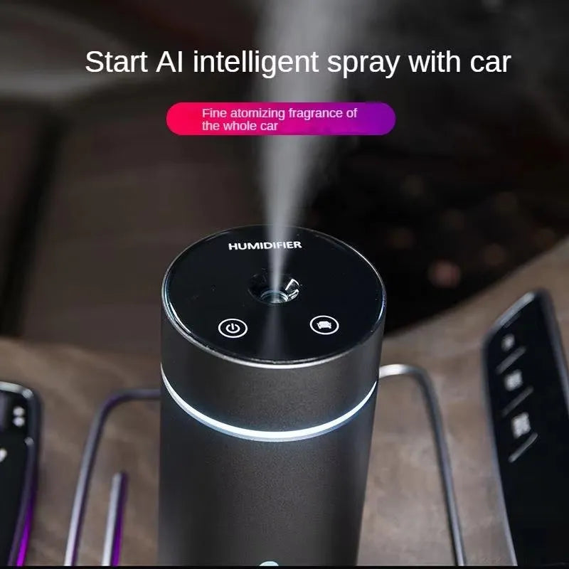 Black portable car humidifier and essential oil diffuser with aluminium construction and USB cable