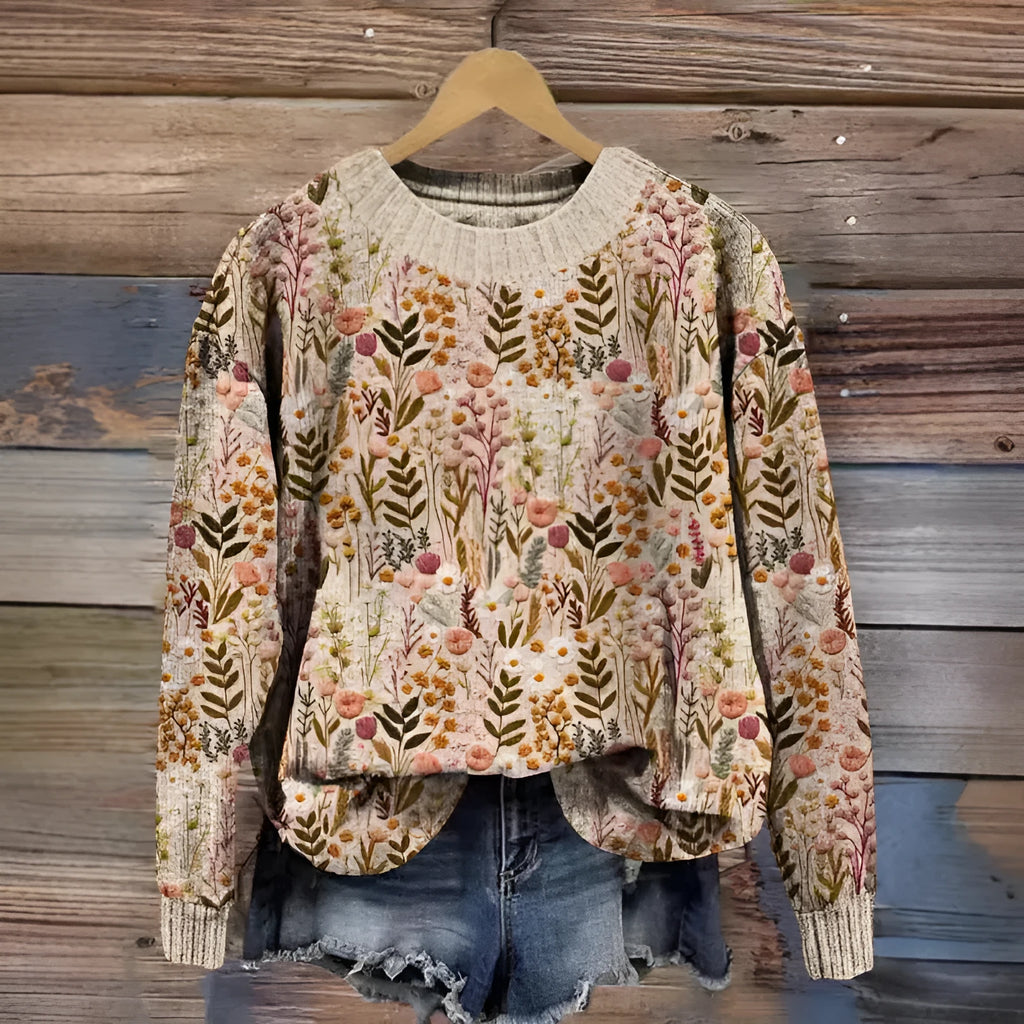 Women's round neck sweater featuring a digital printed little flower pattern in various colours.