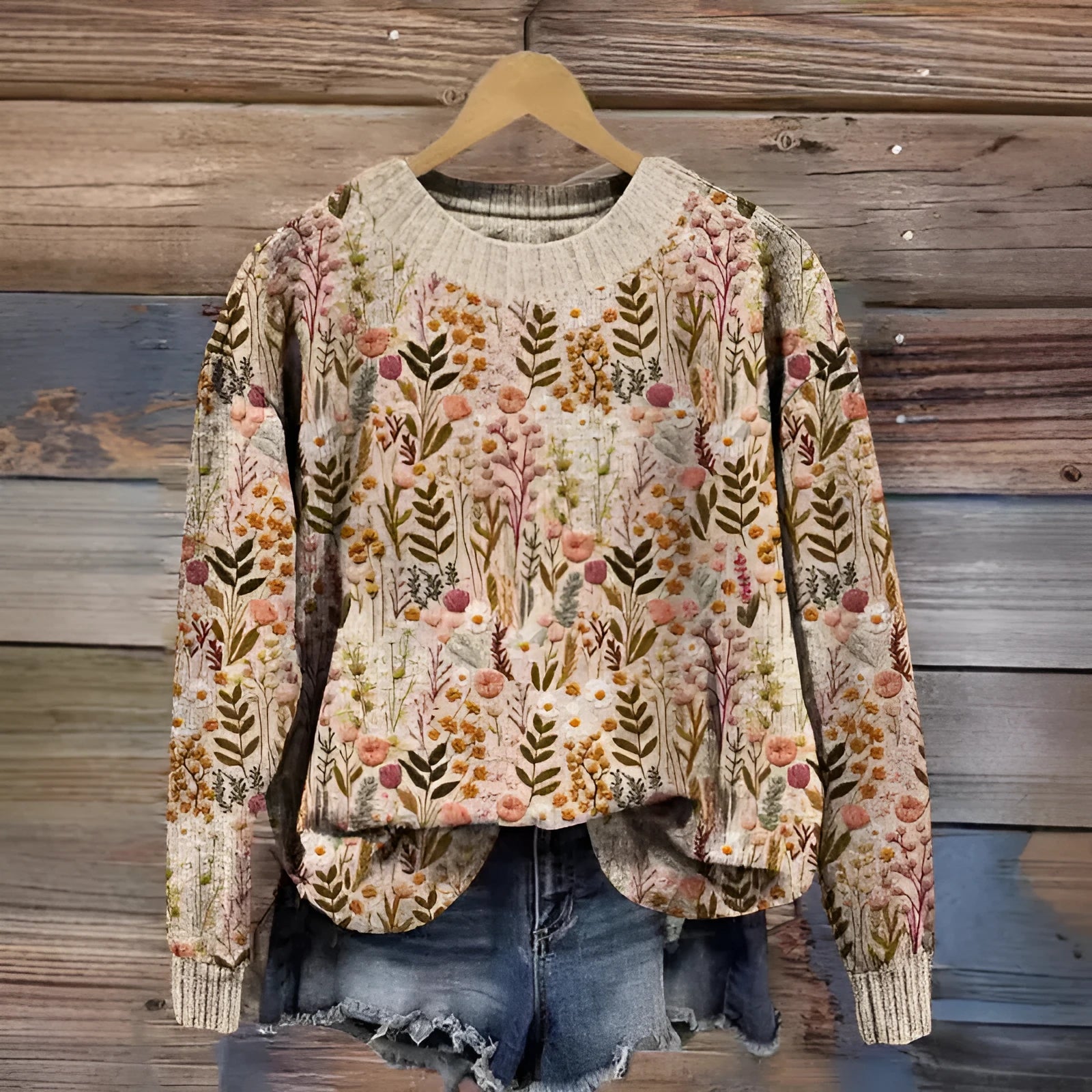 Women's round neck sweater featuring a digital printed little flower pattern in various colours.