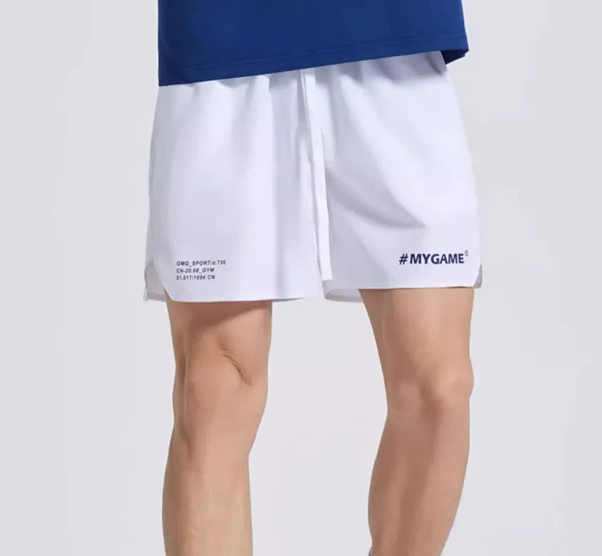 Men's training shorts in black, blue, grey, and white colours from a front view.