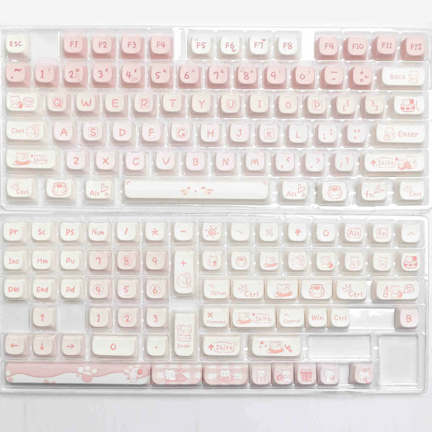 Complete set of PBT sublimation printed keycaps for mechanical keyboards arranged in grid pattern