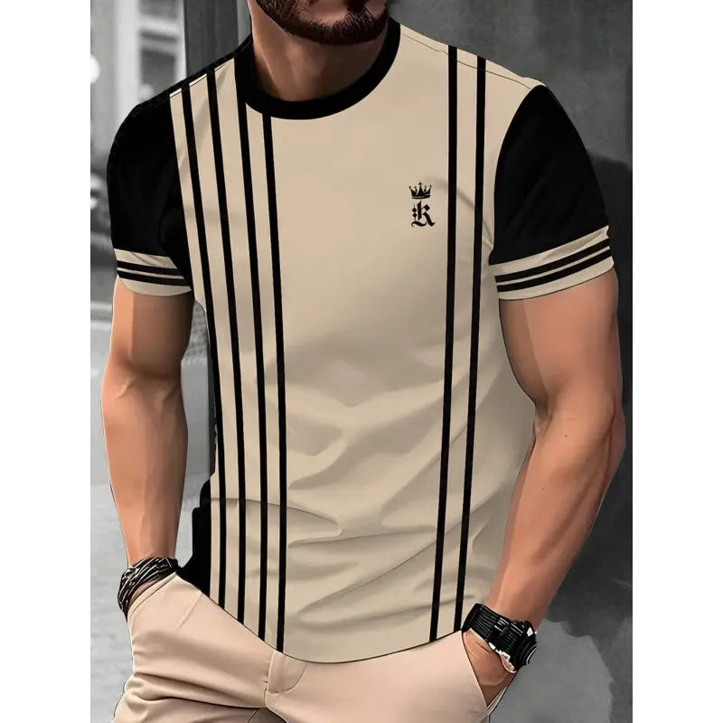 Men's short-sleeved striped t-shirt with digital 3D printing in loose business casual fit