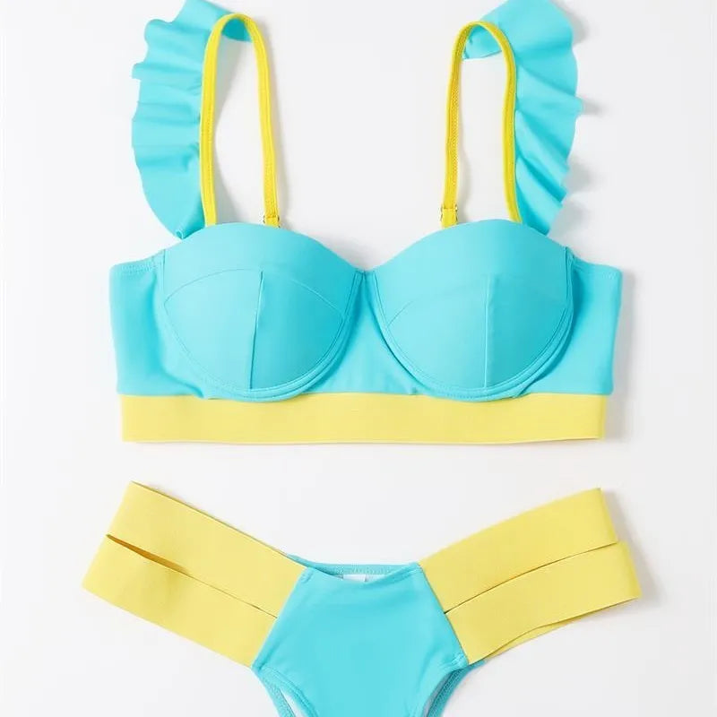 Women's contrast colour push-up bikini set with steel bracket support in Rose Red, Black, or Peacock Blue Nylon fabric