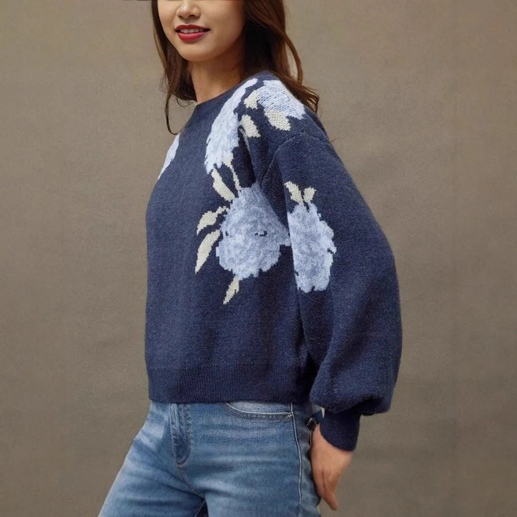 Sapphire blue women's pullover with floral jacquard pattern, loose street fashion fit