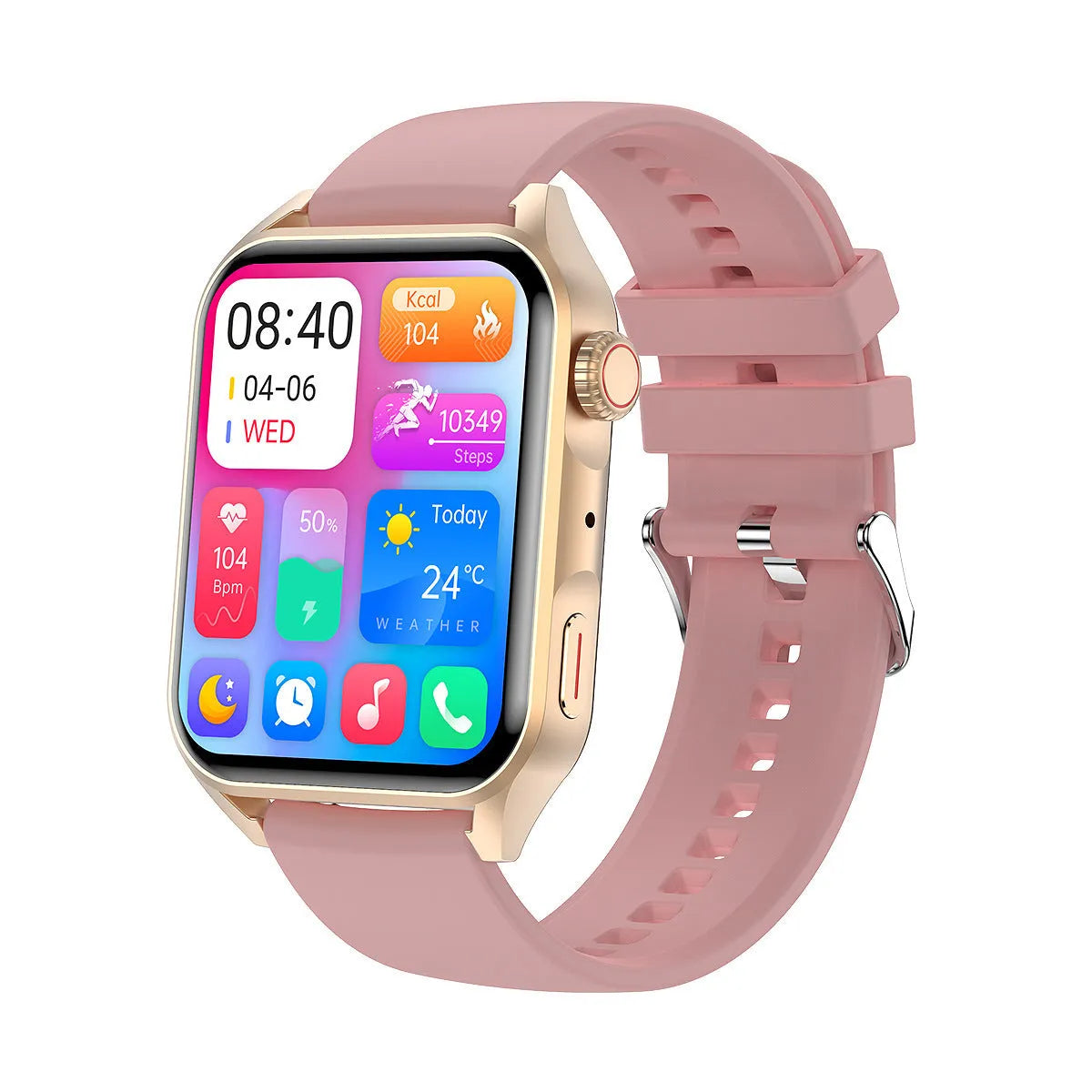 Silver grey smart watch with AMOLED screen and black silicone wrist strap on a wrist.
