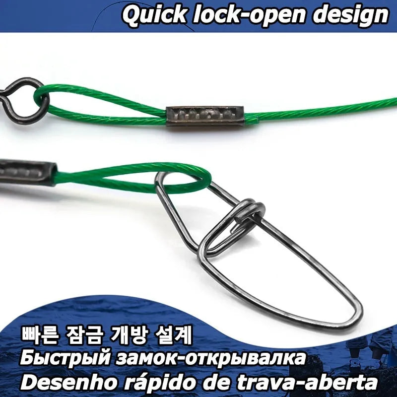 Set of 10 green, black, and red steel wire fishing accessories with double buckle pins, each 54cm long.