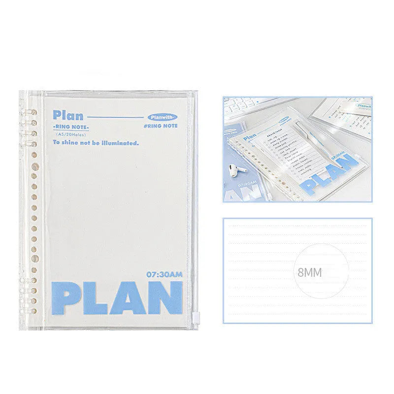 A5 PVC notebook organiser in blue colour showing transparent cover with loose papers inside