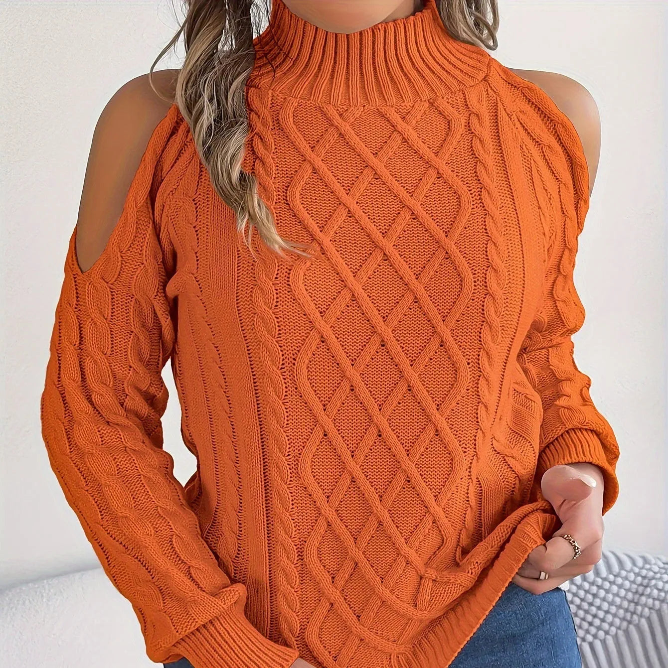 Women's grey acrylic sweater with twisted pattern, strapless half-high collar and lantern sleeves