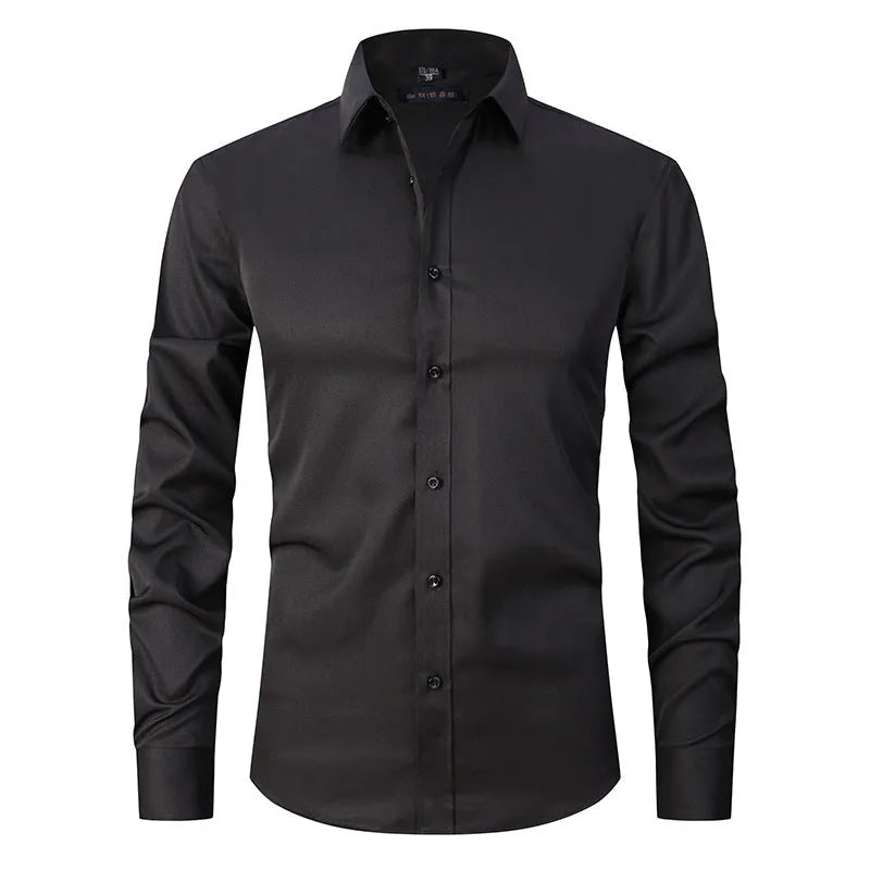 Men's long sleeve stretch work shirt in polyester fabric on a hanger.