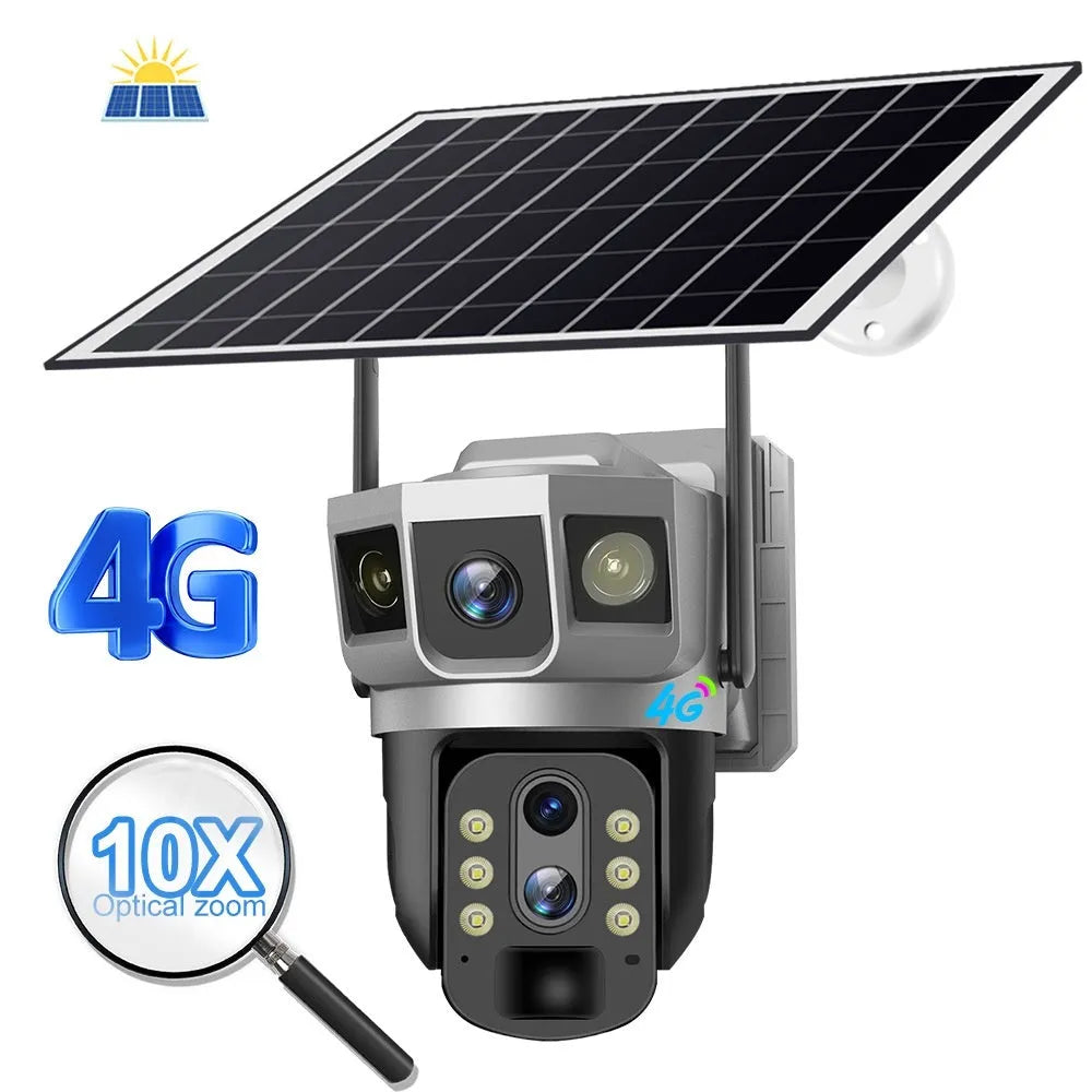 V380 outdoor security camera with solar panel, featuring 10x zoom and 4G connectivity